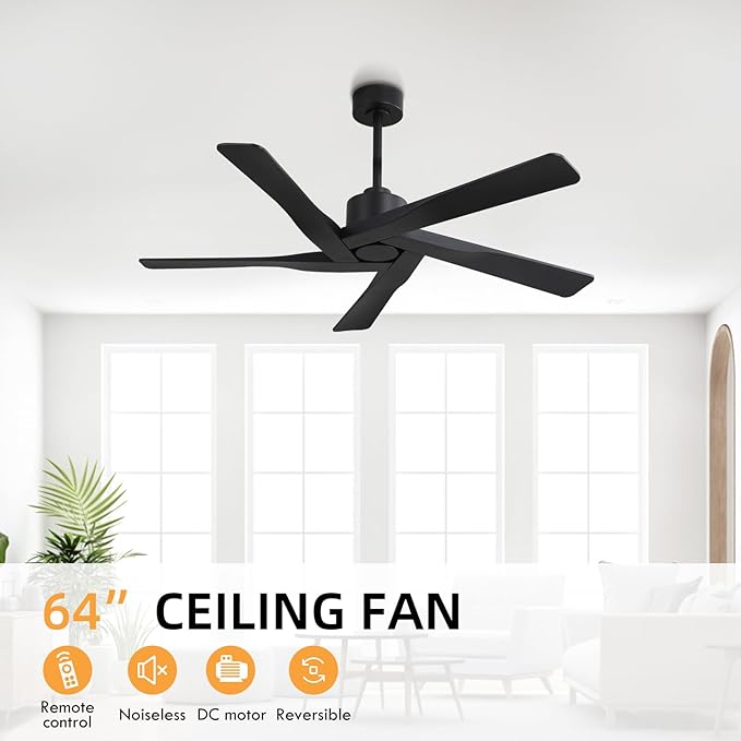 WINGBO 64" ABS DC Ceiling Fan No Light, 5 Blade ABS Plastic Ceiling Fan