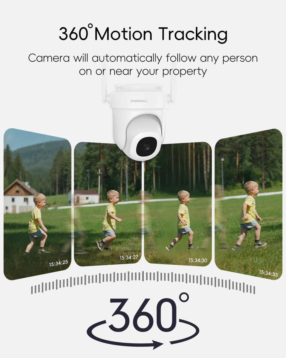 ZUMIMALL 2K WiFi Outdoor Security Camera, Plug-in, 360° PTZ Auto Tracking