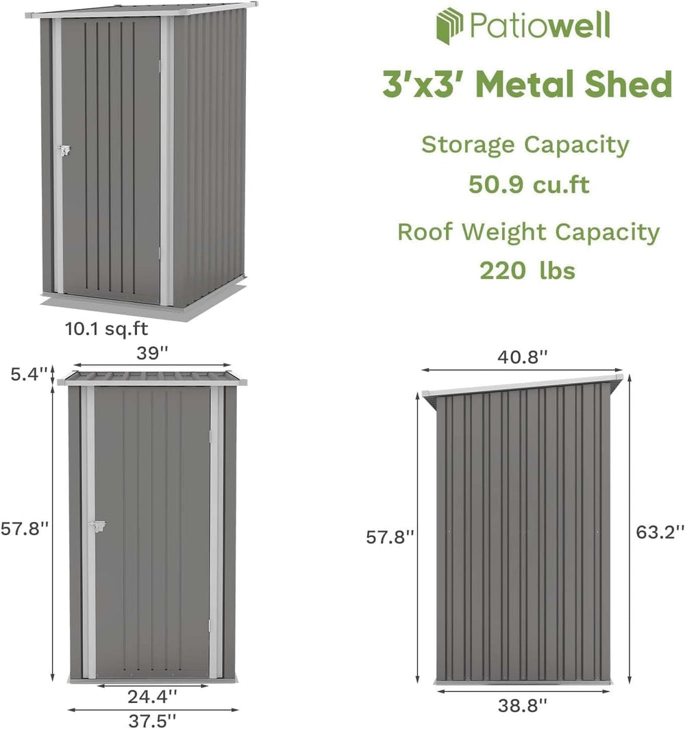 Patiowell 3x3 FT Storage Shed, Small Metal Shed, Gray