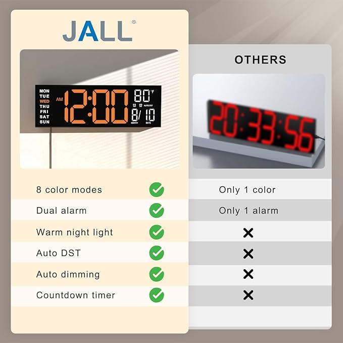 JALL 16" Large Digital Wall Mount Clock, Count Down Timer, Big LED, RGB ...