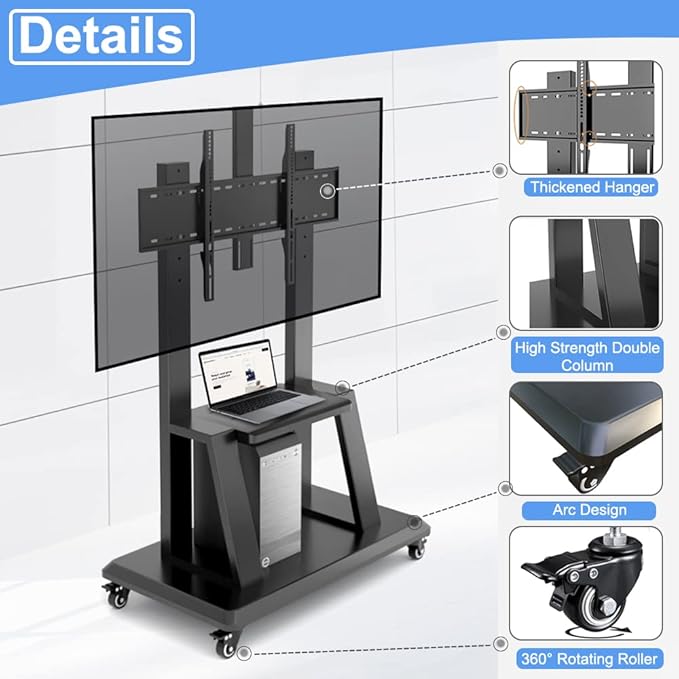 Hellsehen Mobile TV Stand, Rolling TVs Cart on Wheels Height Adjustable