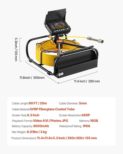 VEVOR Sewer Camera, 65.6 ft/20 m, 4.3" Pipe Drain Inspection Camera