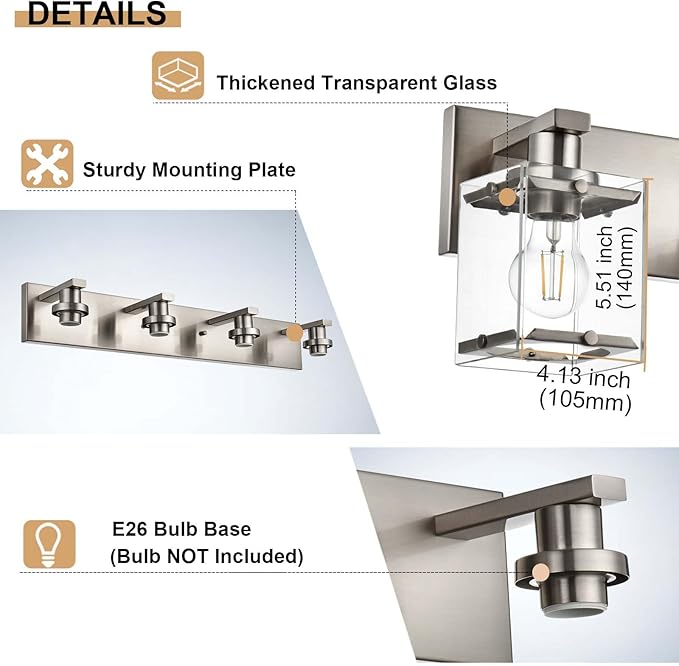 WINSHEN 4-Lights Bathroom Vanity Light Fixtures in Brushed Nickel, E26 Socket