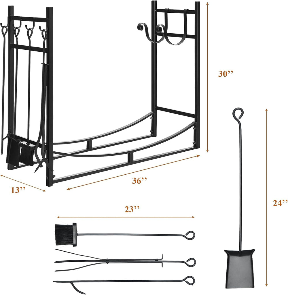 IRONMAX 36 Inch Firewood Rack with Fireplace Tools Set & Kindling Holder