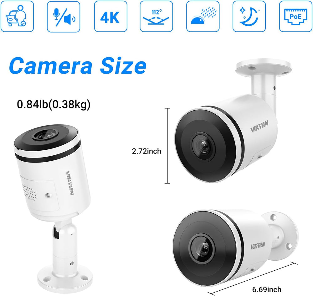 VIKYLIN 8MP PoE IP Security Bullet Camera Outdoor with 98ft IR Night Vision