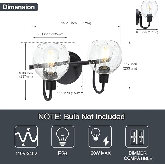 WINSHEN Black 2-Lights Wall Sconce Lighting