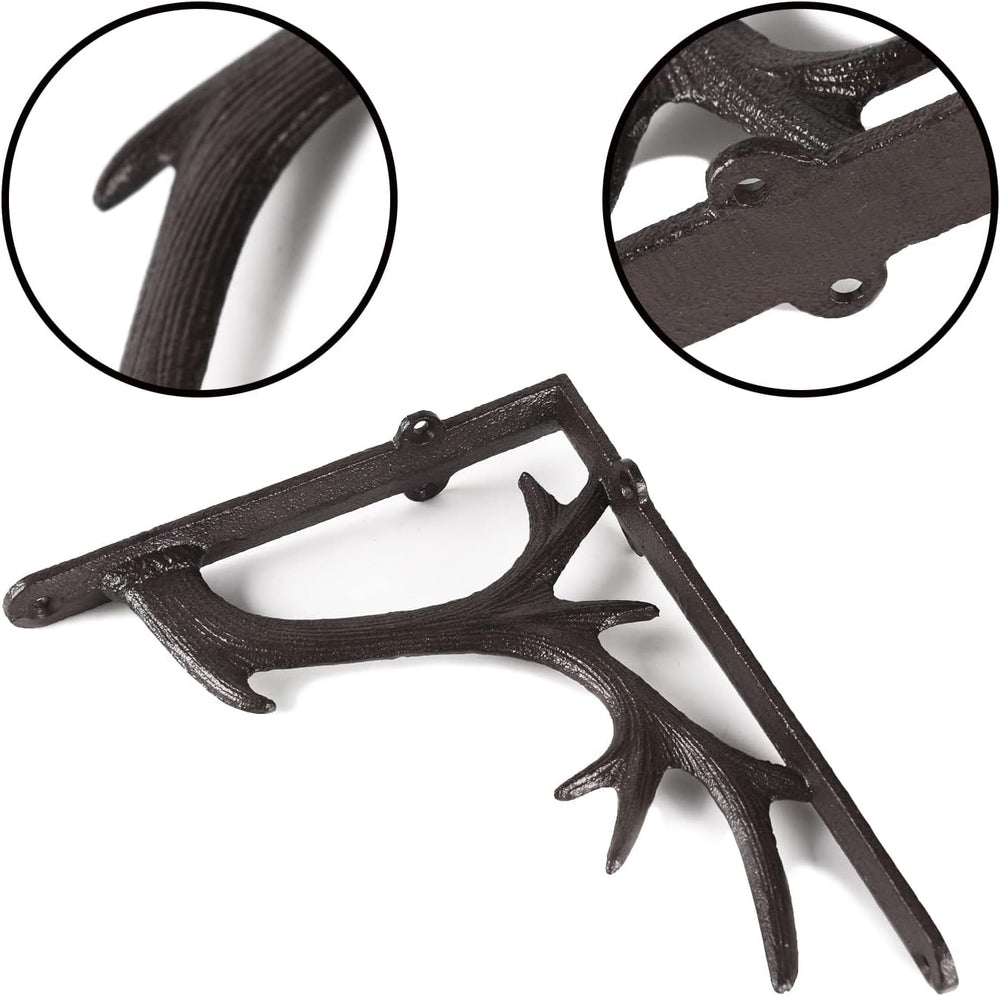 2PCS Cast Iron Deer Antler Wall Shelf Brackets, 6.2in (H), Brown