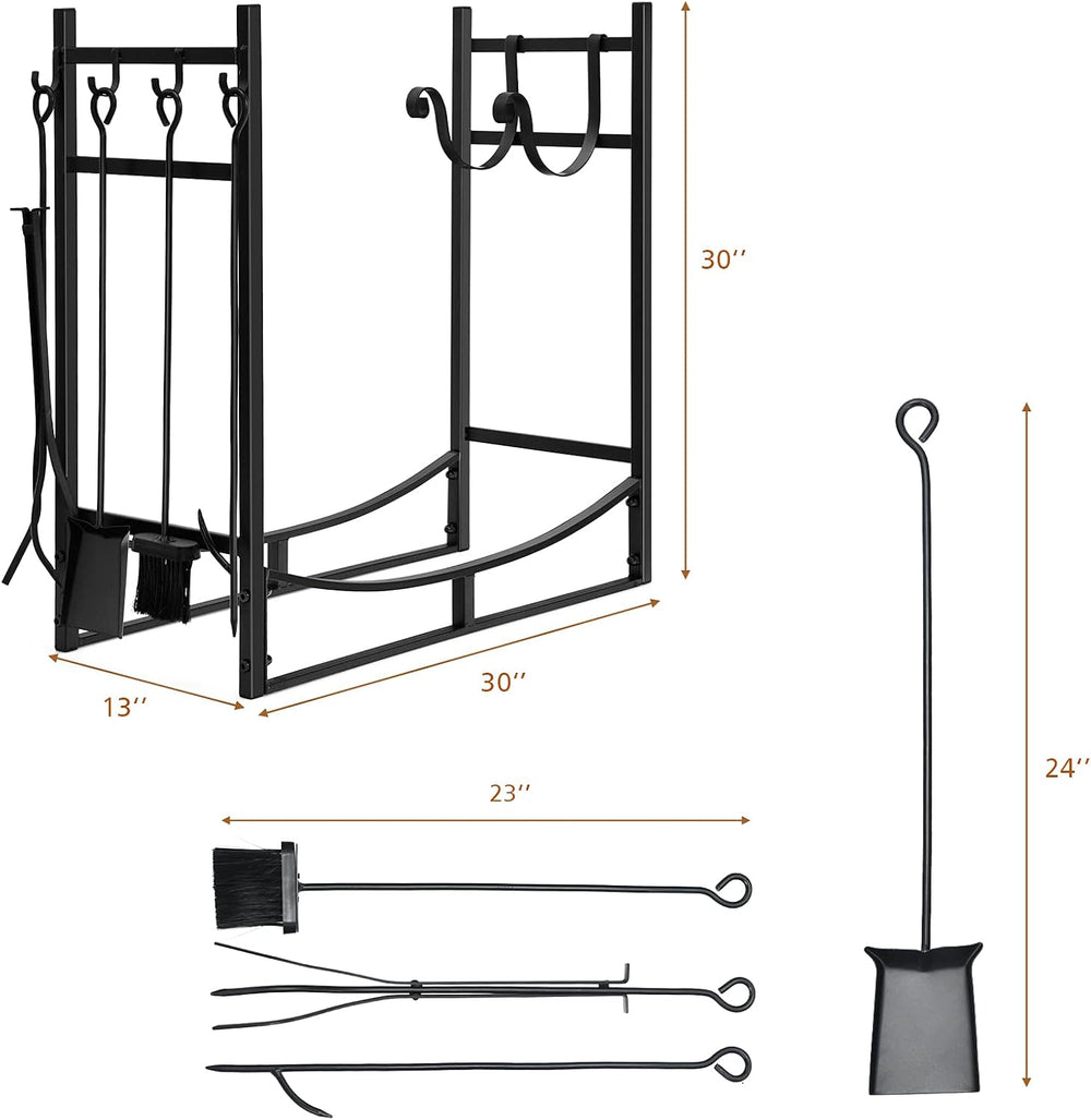 IRONMAX 30 Inch Firewood Rack with Fireplace Tools Set & Kindling Holder
