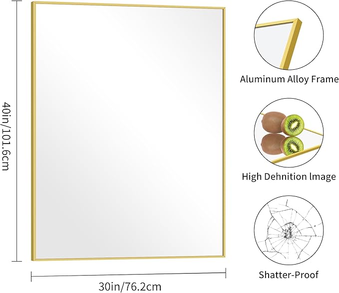 30x40In Gold Bathroom Mirror for Wall, Brushed Gold Rectangle Mirrors