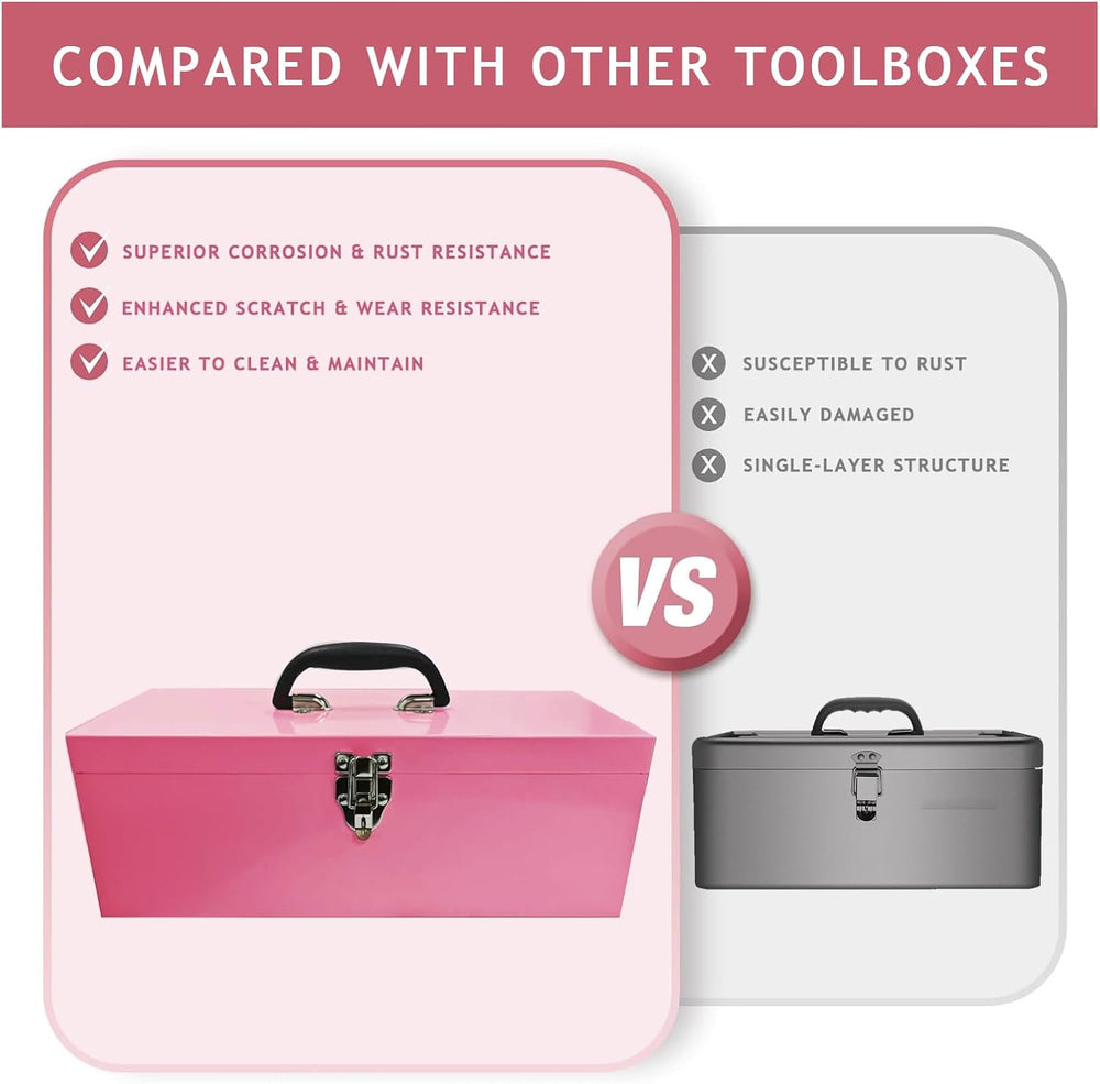 16" Pink Tool Box 18-Gauge Pink Tackle Box Portable Metal Toolbox Large ...