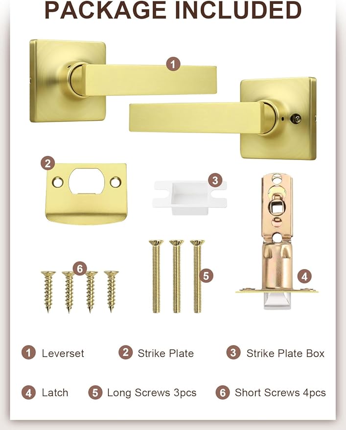 Mengico 10 Pack Passage Door Levers Gold Finish, No-Locking Keyless Square Door