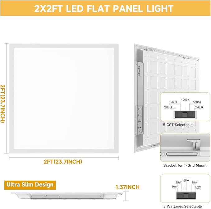 6 Pack 2x2 LED Flat Panel Light Drop Ceiling Office Fixture, Surface Mount Drop