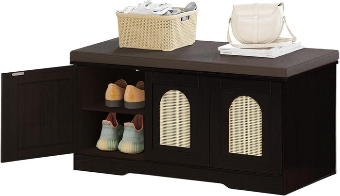 DINZI LVJ Shoe Storage Bench with Cushion, Door, Espresso Oak 39.4"LX17.7"H