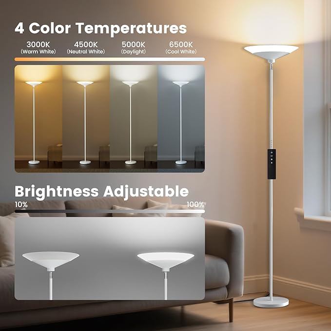 SIBRILLE White Torchiere Floor Lamp - 30W Dimmable LED Standing Lamp