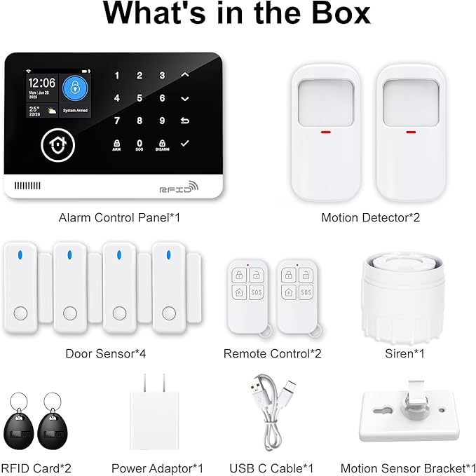Home Security System, 4G/WiFi GSM SMS Wireless Home Alarm System (12 Pieces)
