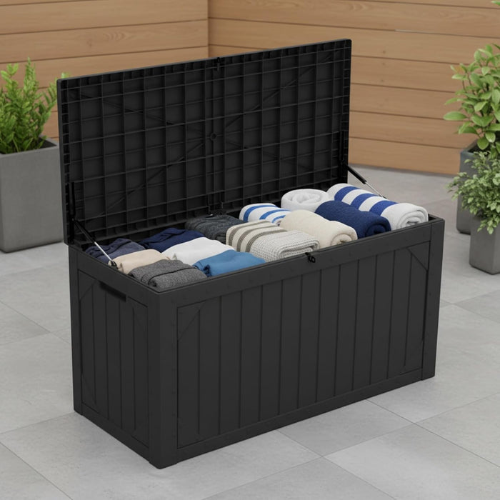 100 Gallon Outdoor Storage Bench - Waterproof Deck Box with Lock, UV Resistant Resin, Patio Furniture & Garden Tool Organizer, 400lb Capacity, Easy Assembly (Black, 1 Pack)