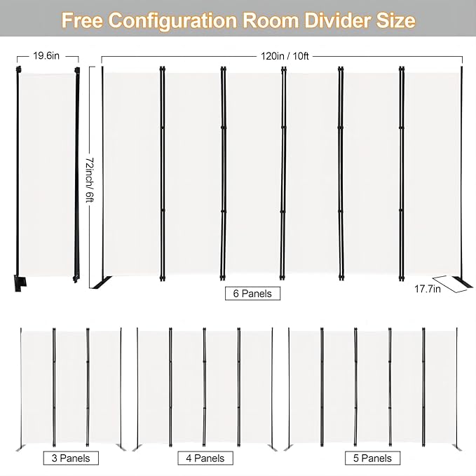 MAYOLIAH 6 Panel Folding Privacy Screen 9ft Wide, 6ft Tall Partition Room