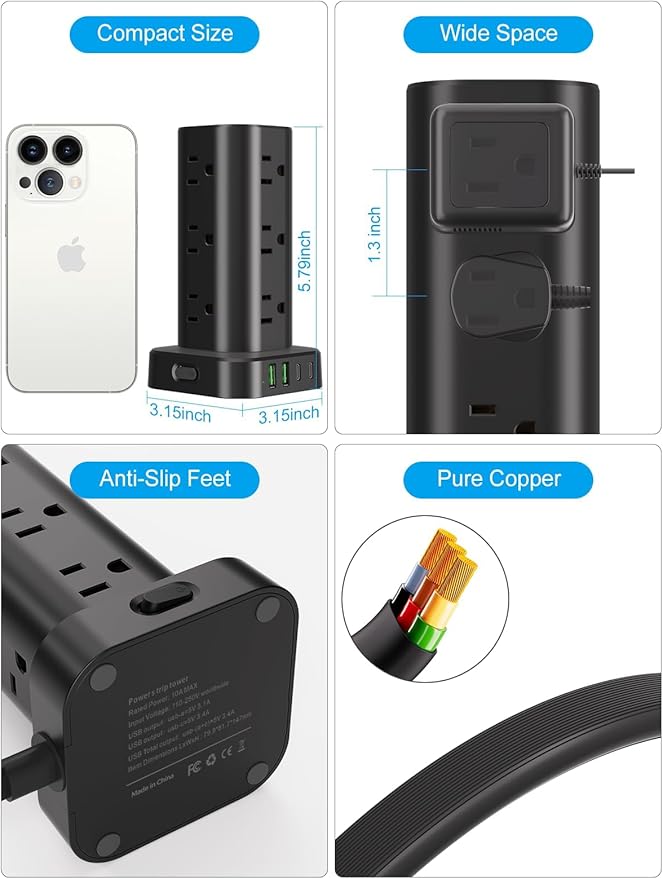 Power Strip Tower with Multiple Outlets, Flat Plug Surge Protector Tower