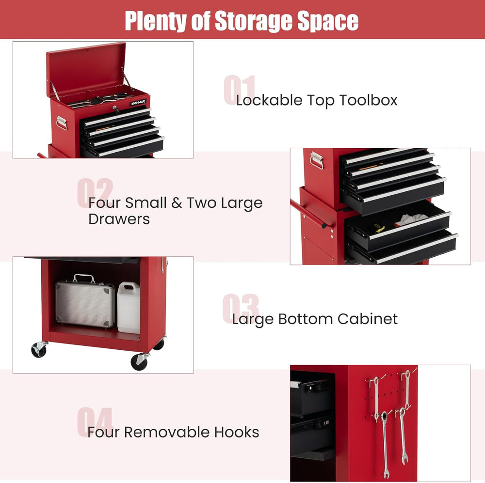 IRONMAX 6 Drawers Rolling Tool Chest, 2 in 1 Detachable Tool Chest