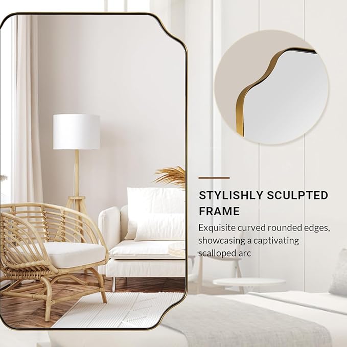 ANDY STAR 24"x40" Gold Mirror, Brushed Brass Scalloped Wall Mirror,...