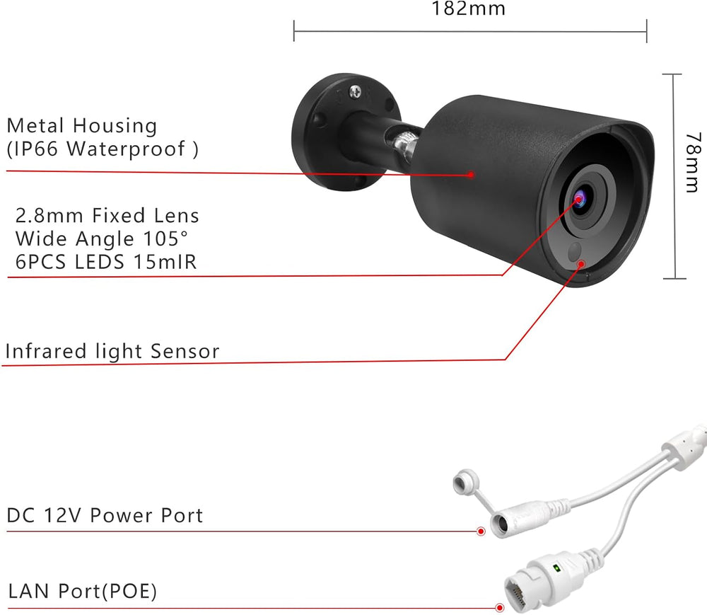5MP PoE IP Bullet Security Camera with 2.8mm Lens (Black)