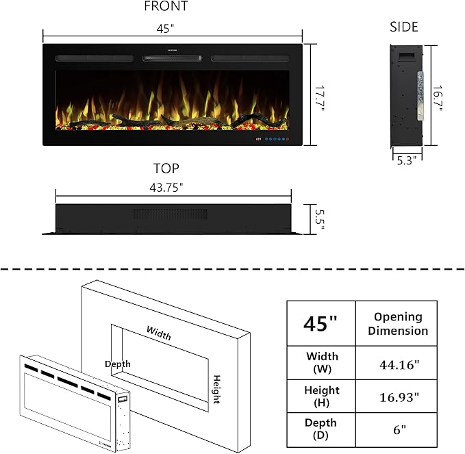 45" WiFi Electric Fireplace Inserts, Recessed and Wall Mounted Fireplace...