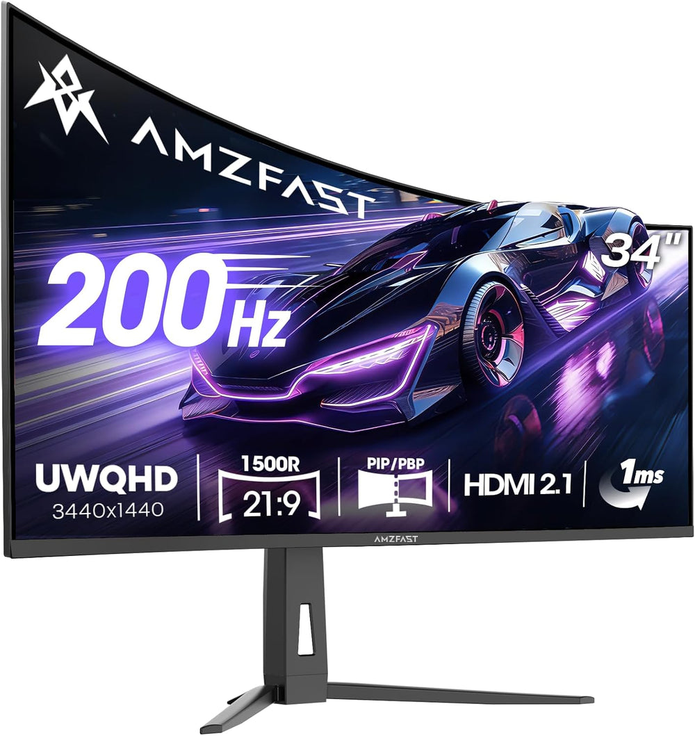 Amzfast 34 Inch 200Hz UltraWide Curved WQHD 3440x1440 Gaming Monitor, 1ms