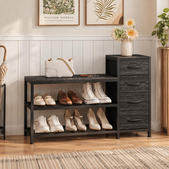 EXOTICA Industrial Shoe Storage Bench with 4 Drawers & Seat, Black