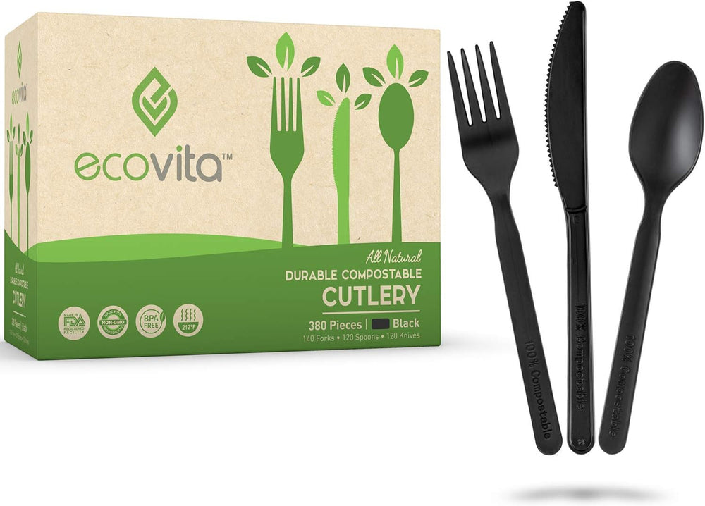 Ecovita 100% Compostable Forks Spoons Knives Cutlery Combo Set
