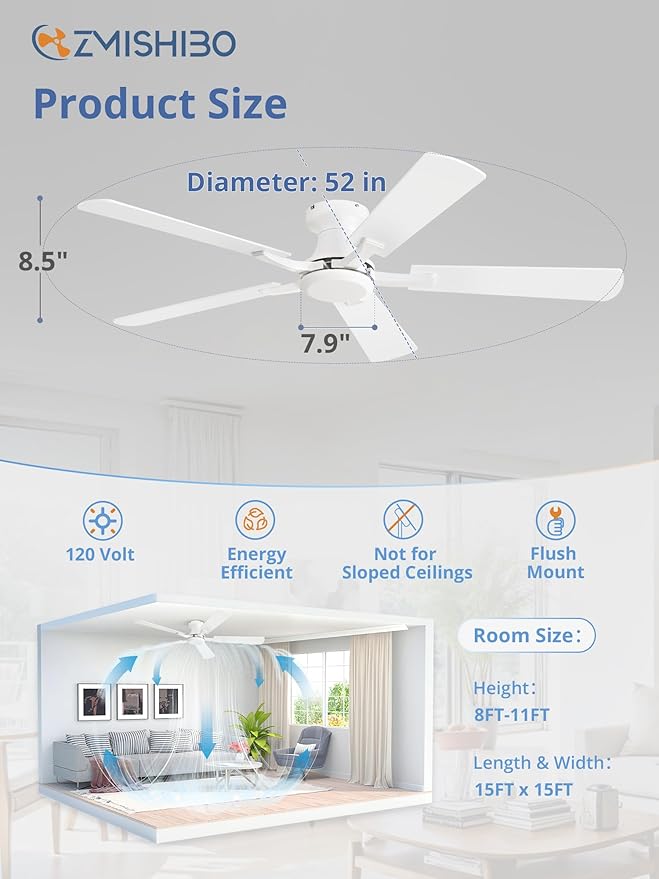 ZMISHIBO 52 Inch Ceiling Fan No Light, Flush Mount Low Profile, Modern White