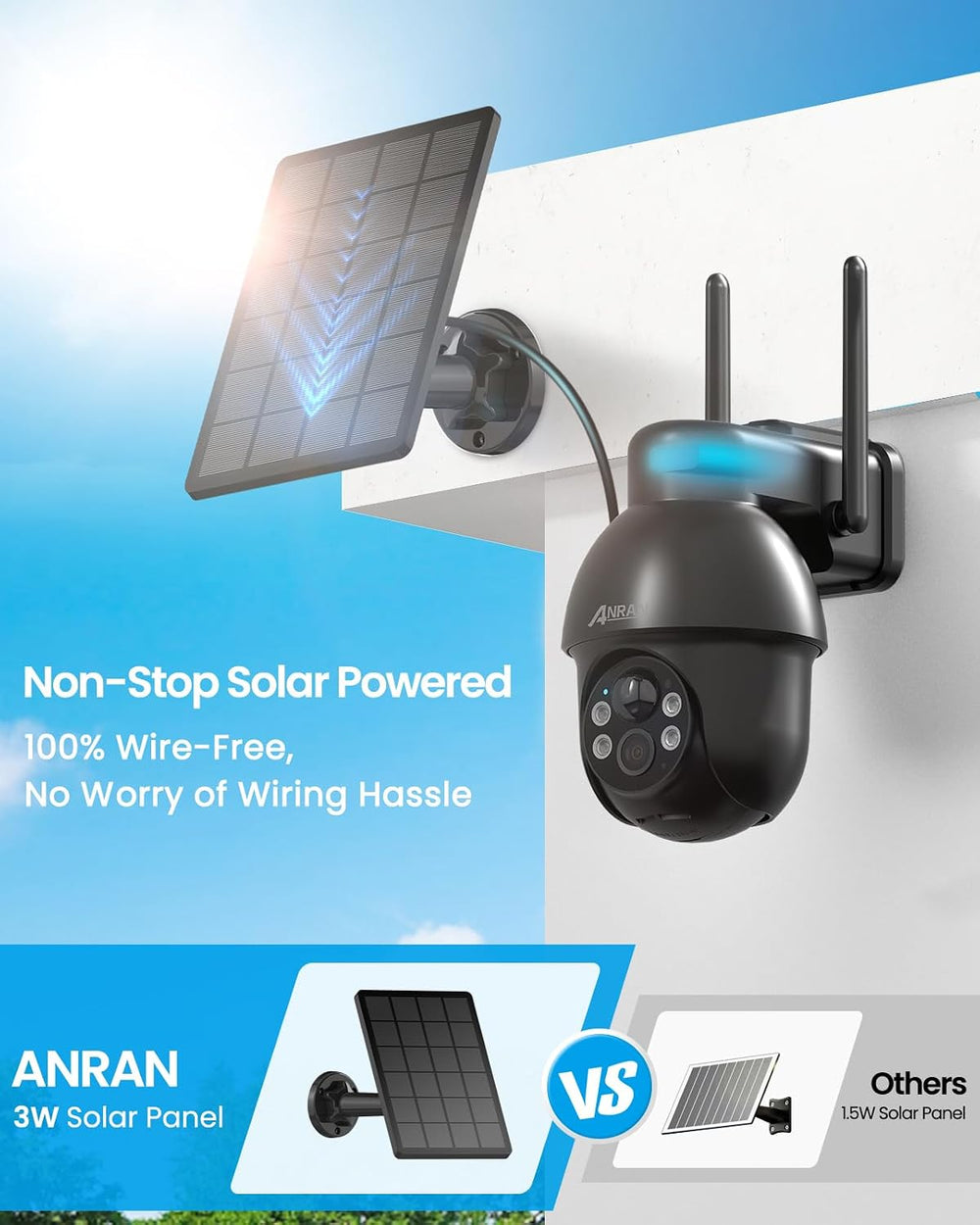 ANRAN Solar Security Cameras Wireless Outdoor 2K WiFi Camera for Home