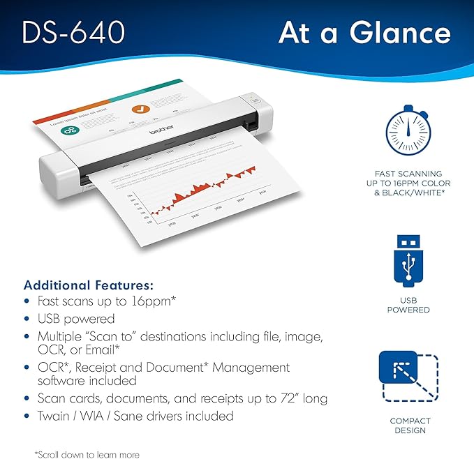 Brother DS-640 Compact Mobile Document Scanner, 1.5"x2"x11.9"