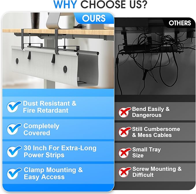 KIGJU Under Desk Cable Management Tray, 40-inch No-Drill Cord Organizer