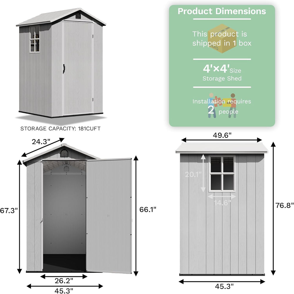 Greesum 4x4FT Plastic Outdoor Storage Shed with Floor, Light Gray