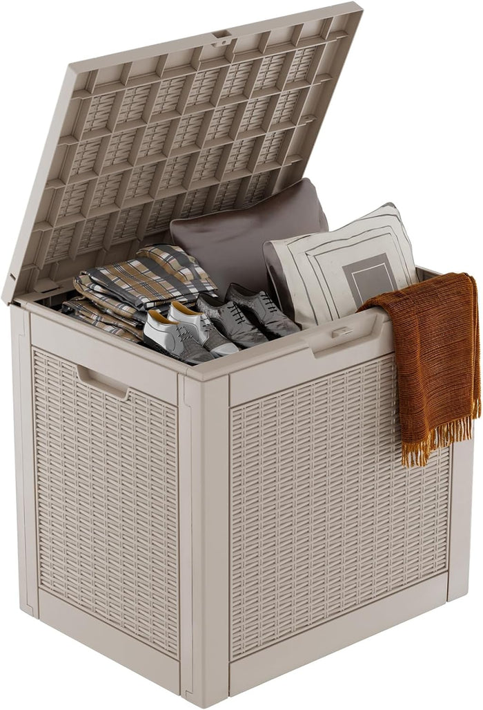 Deck Box Large Outdoor Storage for Patio Furniture, Outdoor Cushions, Garden Tools and Pool Supplies, Waterproof, Resin, Lockable (Grey, 35 Gallon)