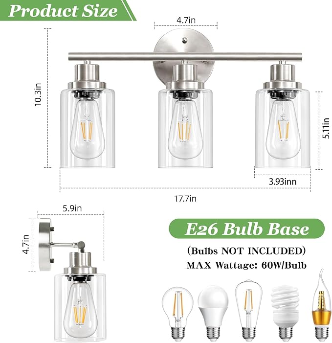 Guliaofo 3-Light Brushed Nickel Vanity Lights, E26 Modern Bathroom Light