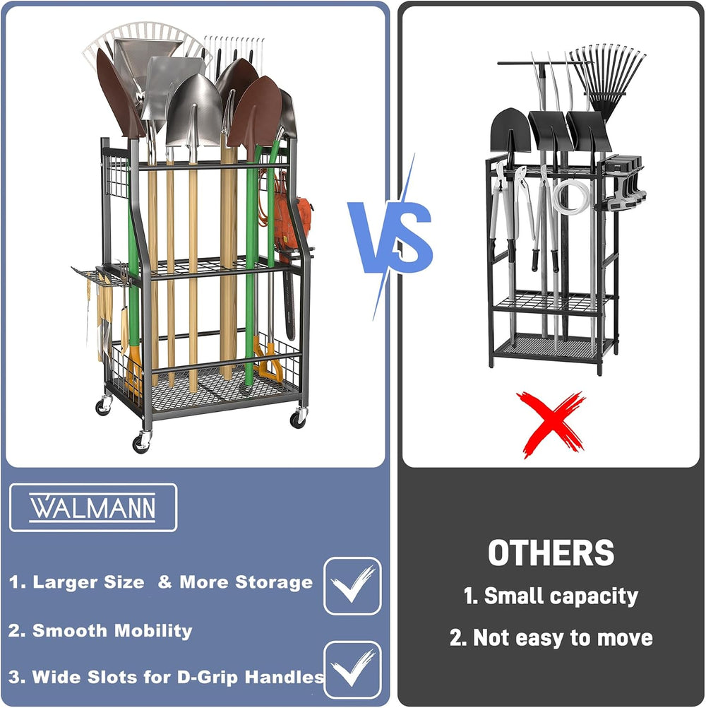 WALMANN Garden Tool Organizer with Wheels, Rakes/Shovels/Yard Tools Stand