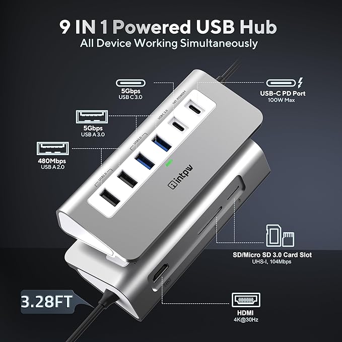 P9 USB C Docking Station, intpw 9-in-1 USB C Hub