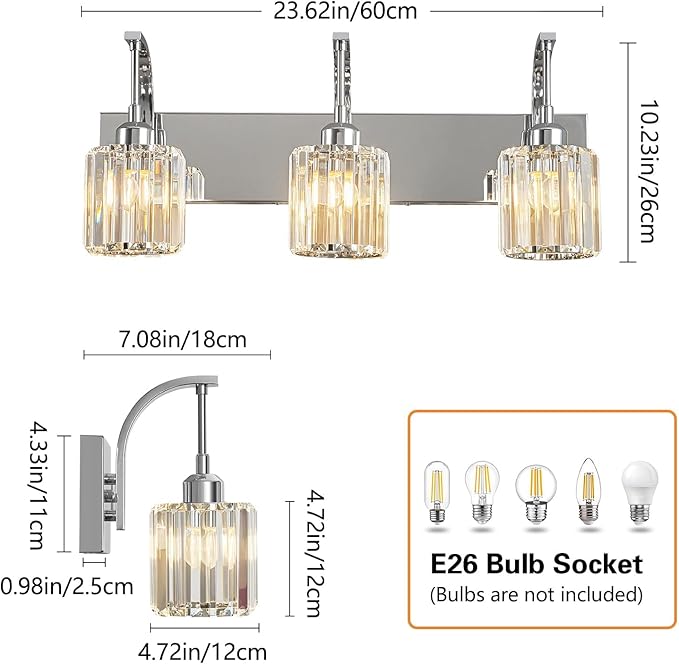 FDPBY 3-Light Crystal Vanity Light, Modern Chrome Bathroom Wall Sconce