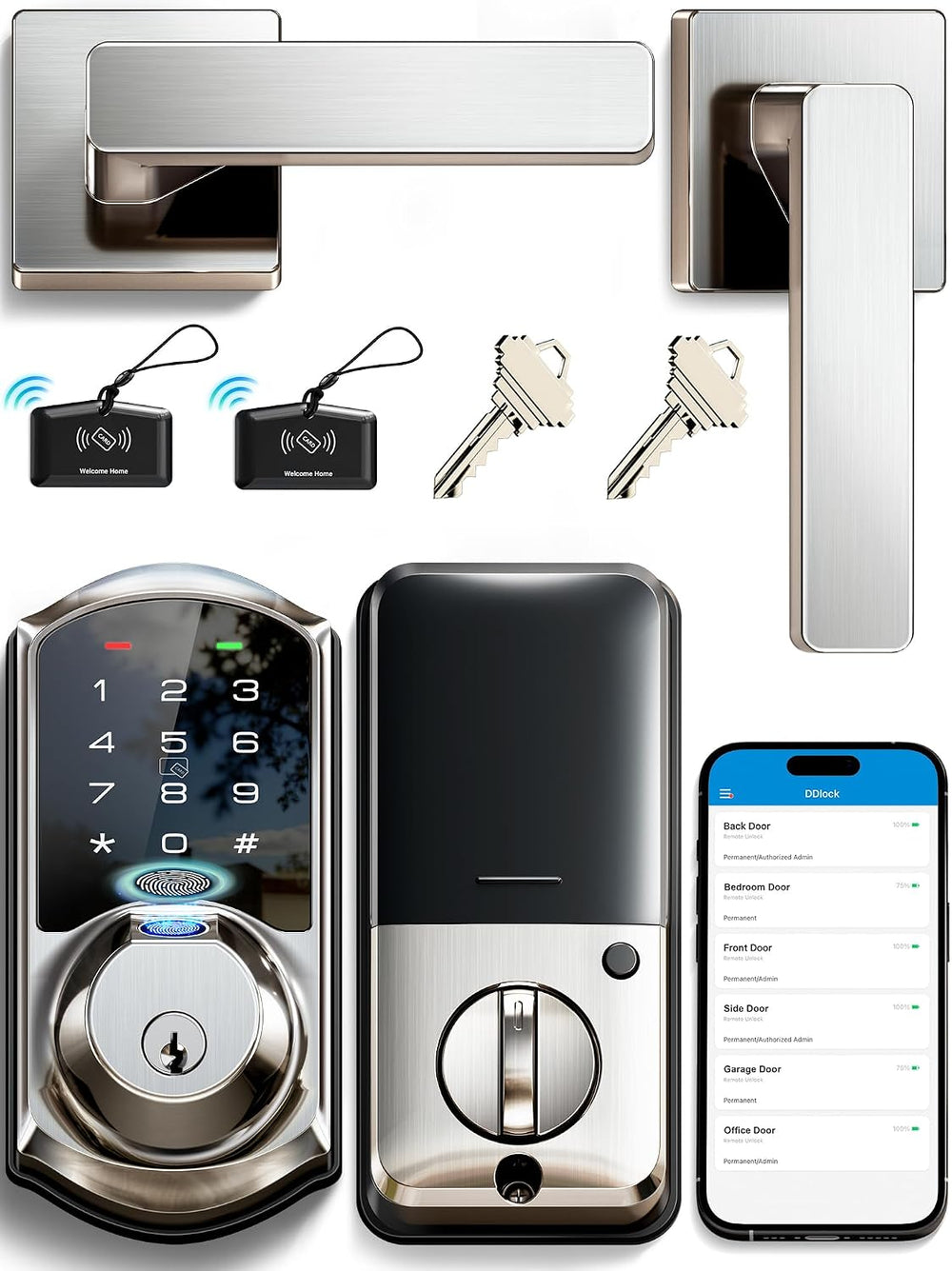 Veise VE07-L Fingerprint Smart Lock with 2 Lever Handles Set, Satin Nickel