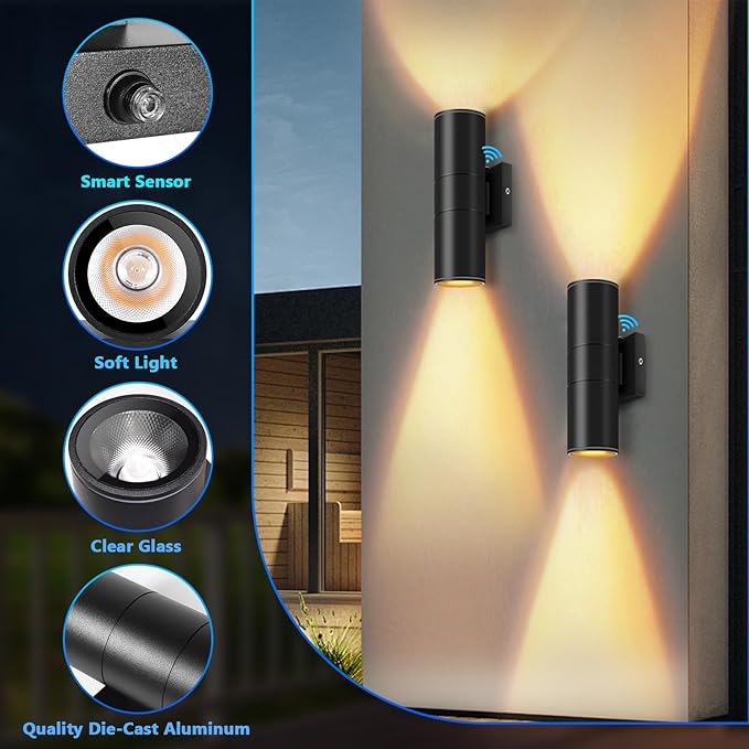 RIDALUX Dusk to Dawn Outdoor Wall Lights: 2 Pack Sensor Waterproof Cylinder Up