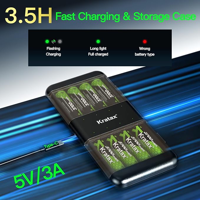 Kratax 3700mWh AA Rechargeable Lithium Batteries (12pack)