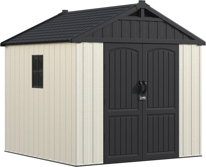 Greesum 8x8FT Plastic Outdoor Storage Shed with Floor, Resin Sheds, Beige