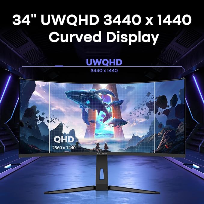 Amzfast 34 Inch 200Hz UltraWide Curved WQHD 3440x1440 Gaming Monitor, 1ms