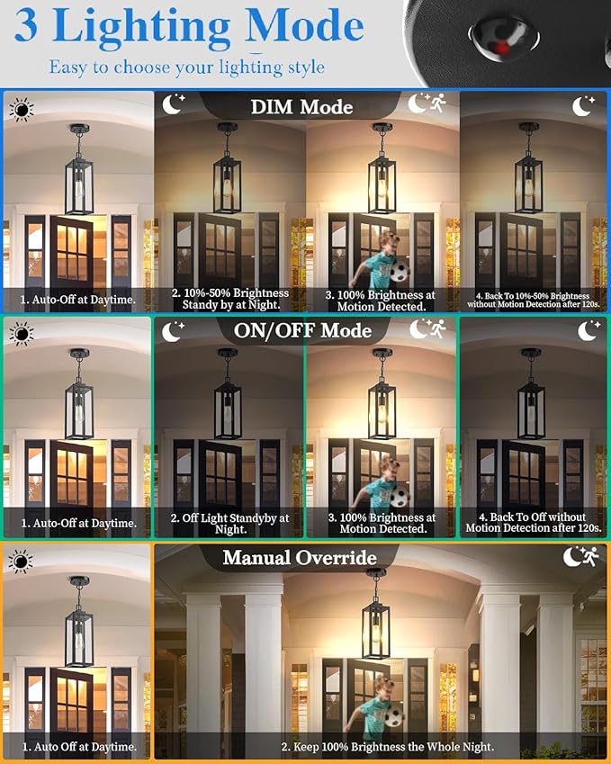 MYHXQ 15'' Large Motion Sensor Outdoor Pendant Lights, Dusk to Dawn M...