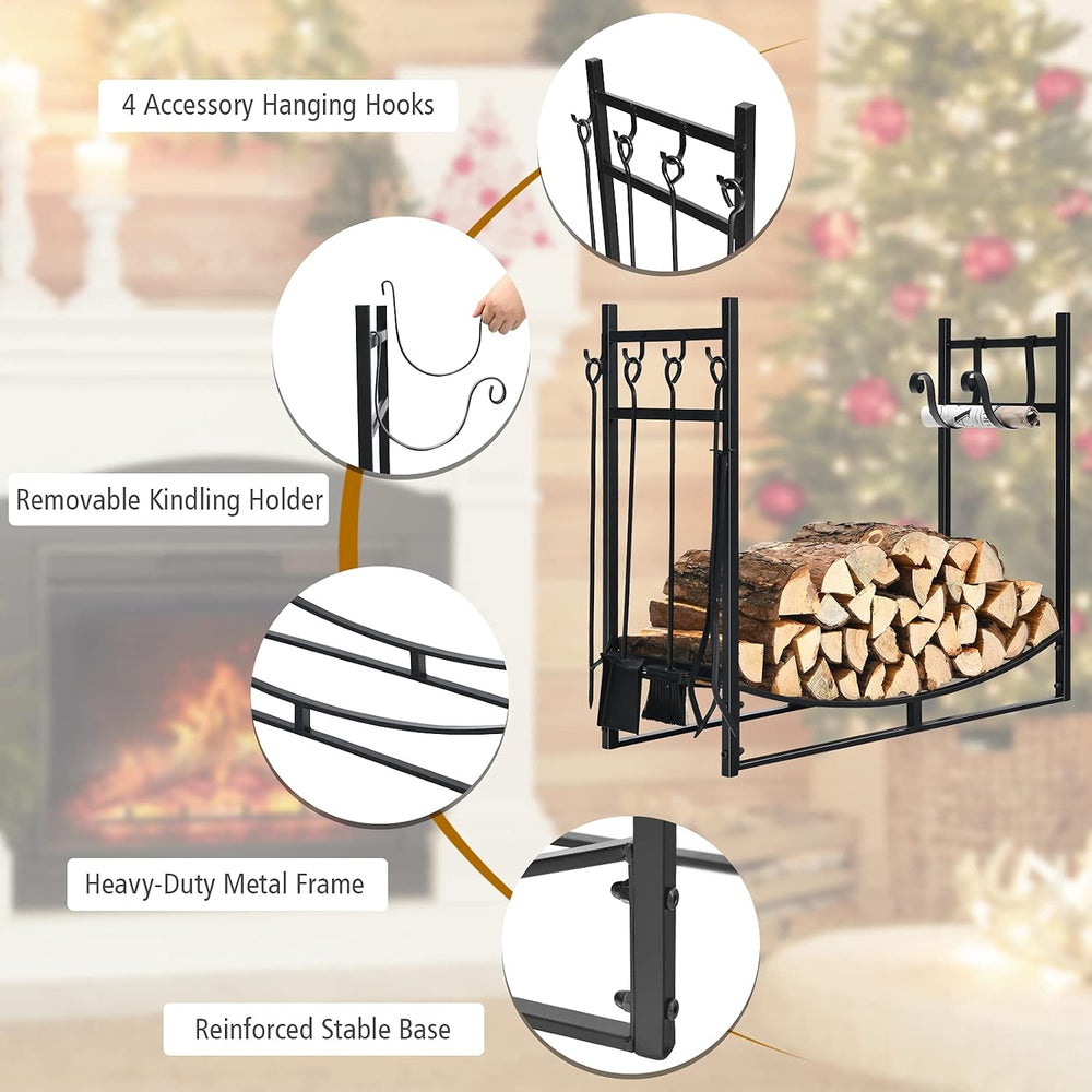 IRONMAX 30 Inch Firewood Rack with Fireplace Tools Set & Kindling Holder