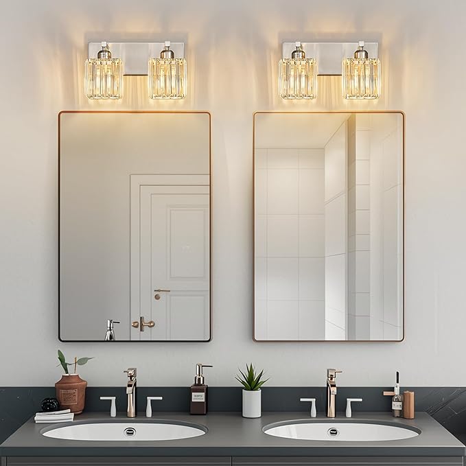 FDPBY Modern Vanity Light 2-Lights Brushed Nickel Vanity Light Crystal Bathroom