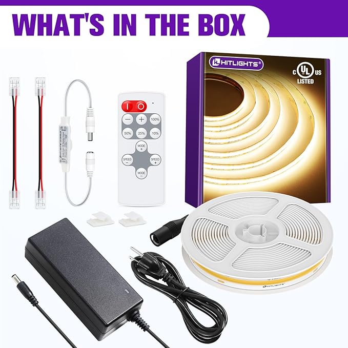 HitLights COB LED Strip Lights Kit Warm White 3000K, Dimmable Tape Light