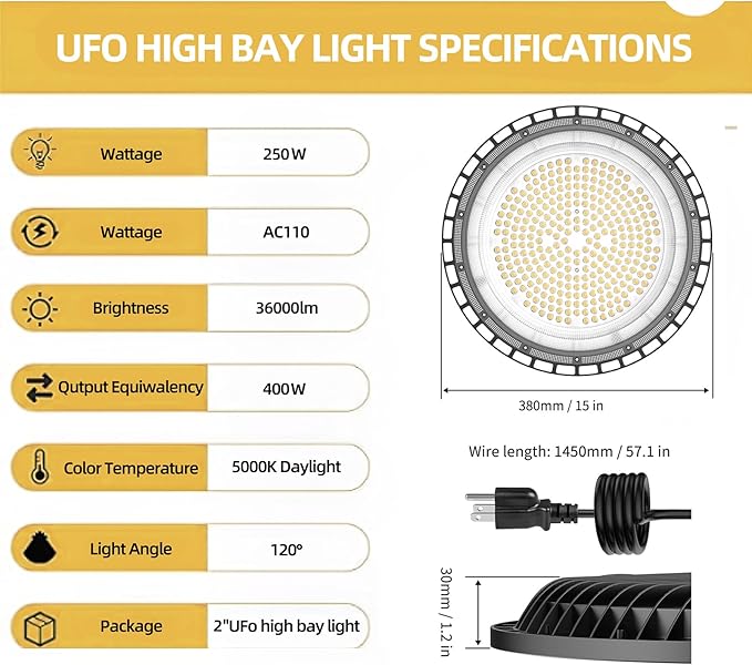 2Pack UFO LED High Bay Light 250w, 5 ft cable