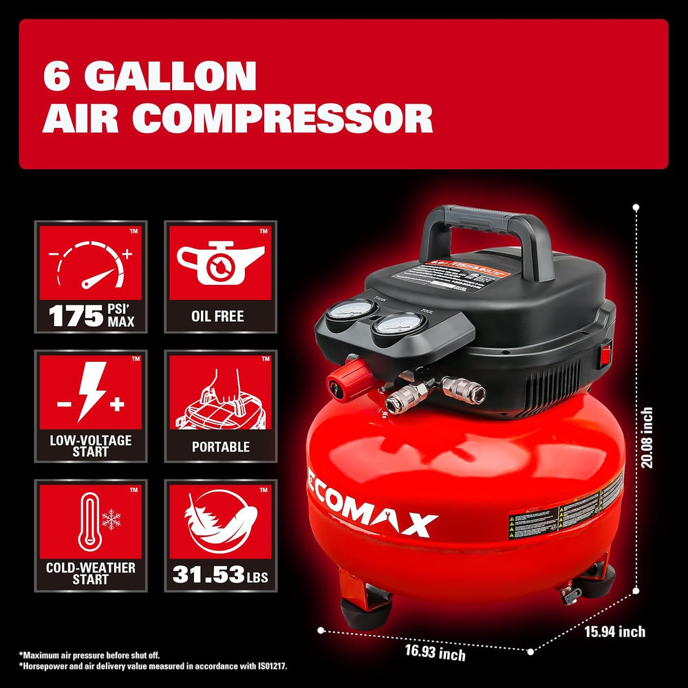 ECOMAX 6 Gallon Pancake Air Compressor 175PSI 3 CFM @ 90 PSI